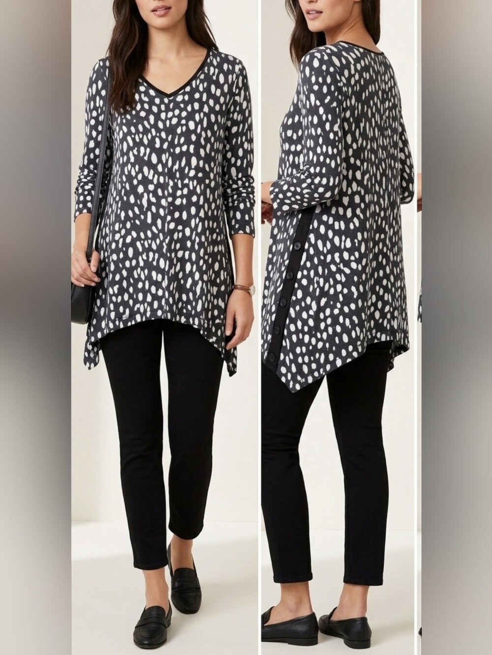 Chico's Pima Cotton/Modal Black/White Dot Print V-Neck Tunic Top 1/Medium